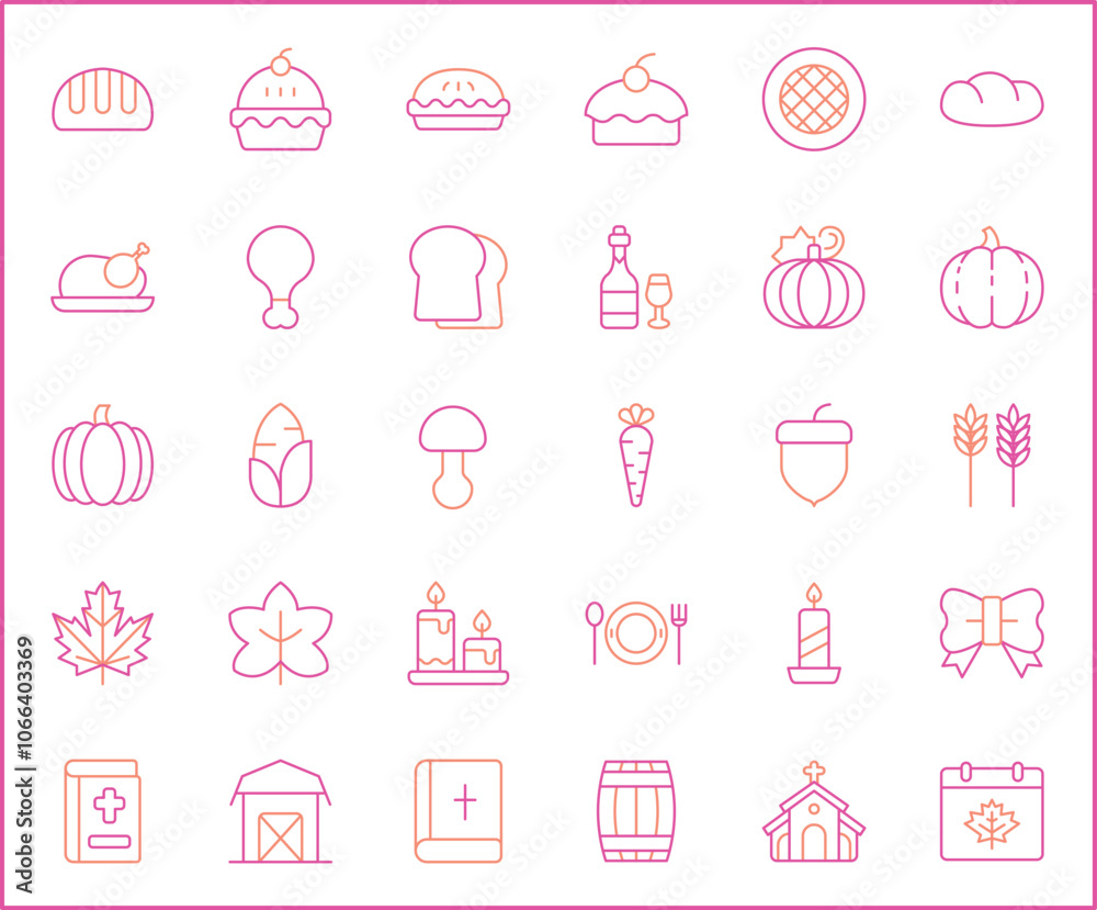 Set of Thanksgiving Icons line style. Contains such Icons as autumn, food, drink, celebration, Pilgrims, decorations, farming, gifts, nature, produce And Other Elements. Set of Thanksgiving Icons line style. Contains such Icons as autumn, food, drink, celebration, Pilgrims, decorations, farming, gifts, nature, produce And Other Elements.