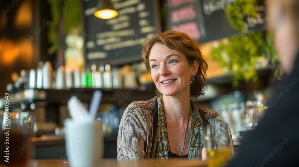 A woman is sitting at a table in a restaurant, smiling and looking at the camera A woman is sitting at a table in a restaurant, smiling and looking at the camera