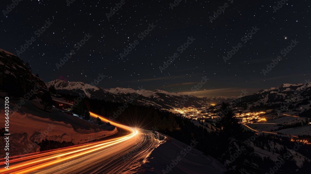 The stars above are outshined by the radiant light trails of cars making their way towards the ski resort up ahead. The stars above are outshined by the radiant light trails of cars making their way towards the ski resort up ahead.