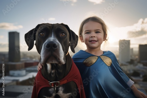 Superhero kid girl with dog in the city. 3d rendering photo