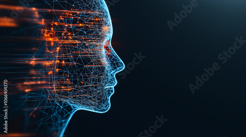 digital human head composed of interconnected lines and glowing nodes symbolizes artificial intelligence and technology. abstract design highlights innovation and futuristic concepts photo