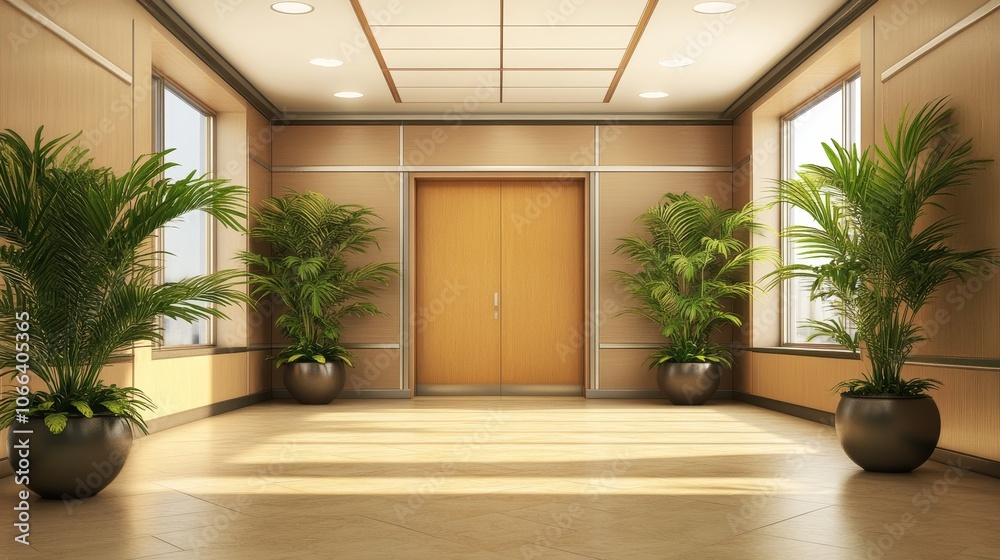 A modern lobby with potted plant and natural light, creating a welcoming atmosphere. A modern lobby with potted plant and natural light, creating a welcoming atmosphere.