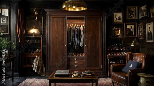 Vintage Dark Wood Wardrobe with Brass Hardware