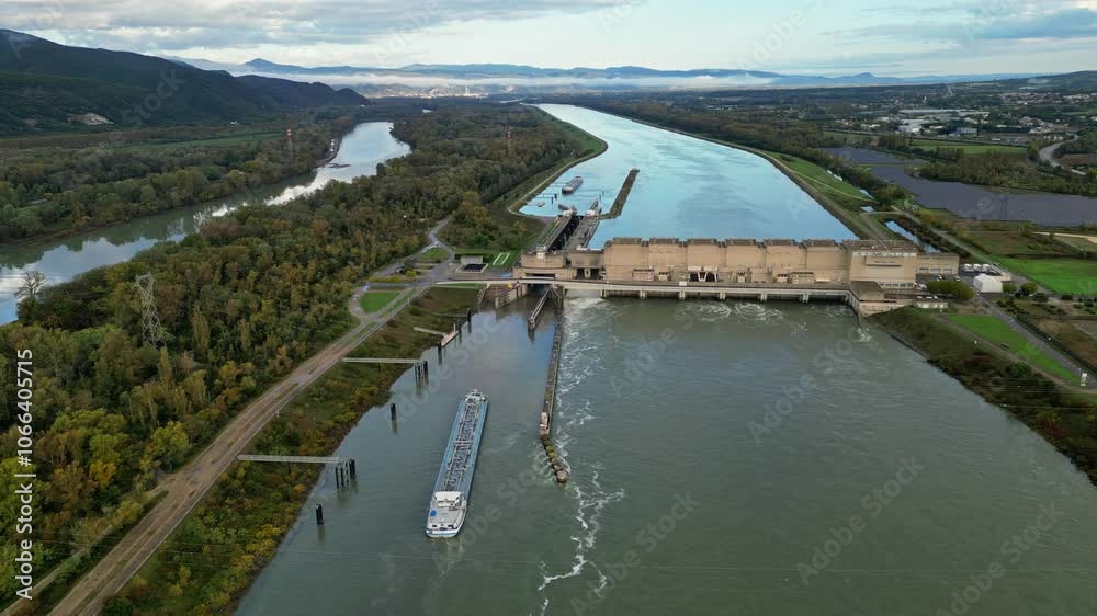 Saulce sur Rhone, France - 27 November 2024: Industrial ship passing through the lock above the hydroelectric power plant on the Rhone river in the Drome district of France