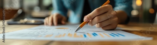 Business Professional Analyzing Financial Data with Pen on Graphs and Charts in Modern Office Setting