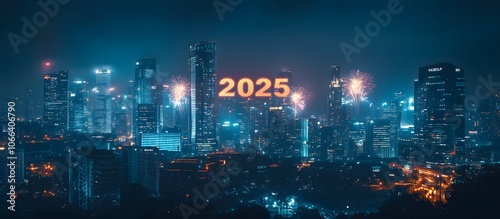 2025 is written in large letters on the background of fireworks over city buildings at night