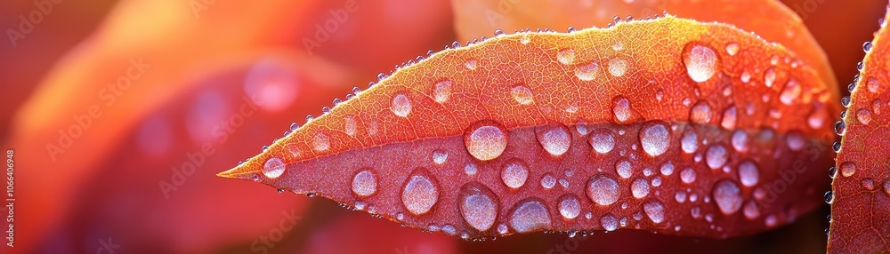 ** Close-Up of Vibrant Red Leaves with Dew Drops Capturing the Essence of Nature's Beauty and Freshness in a Serene Outdoor Setting..** ** Close-Up of Vibrant Red Leaves with Dew Drops Capturing the Essence of Nature's Beauty and Freshness in a Serene Outdoor Setting..**