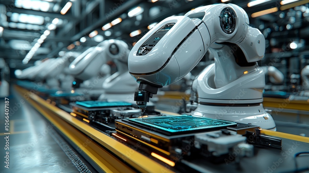 Robots Assembling PCBs in Modern Manufacturing Facility Robots Assembling PCBs in Modern Manufacturing Facility
