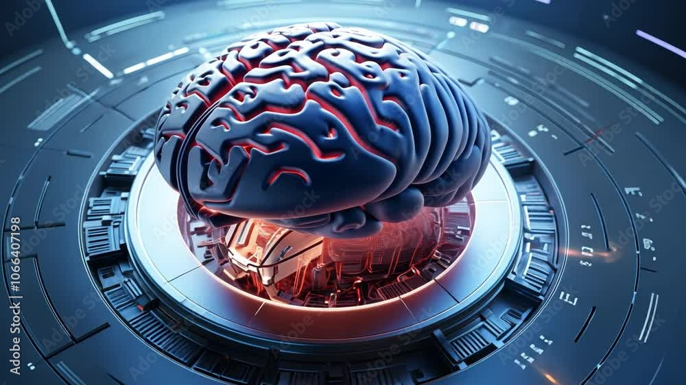 Cybernetic Brain: A futuristic 3D rendering of a human brain integrated into a complex technological mechanism, symbolizing artificial intelligence, neural networks.