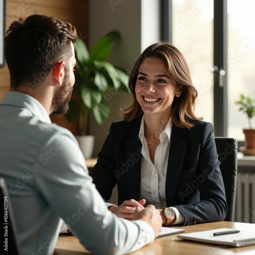 A smiling real estate agent interacts with a client in a bright office setting real estate 