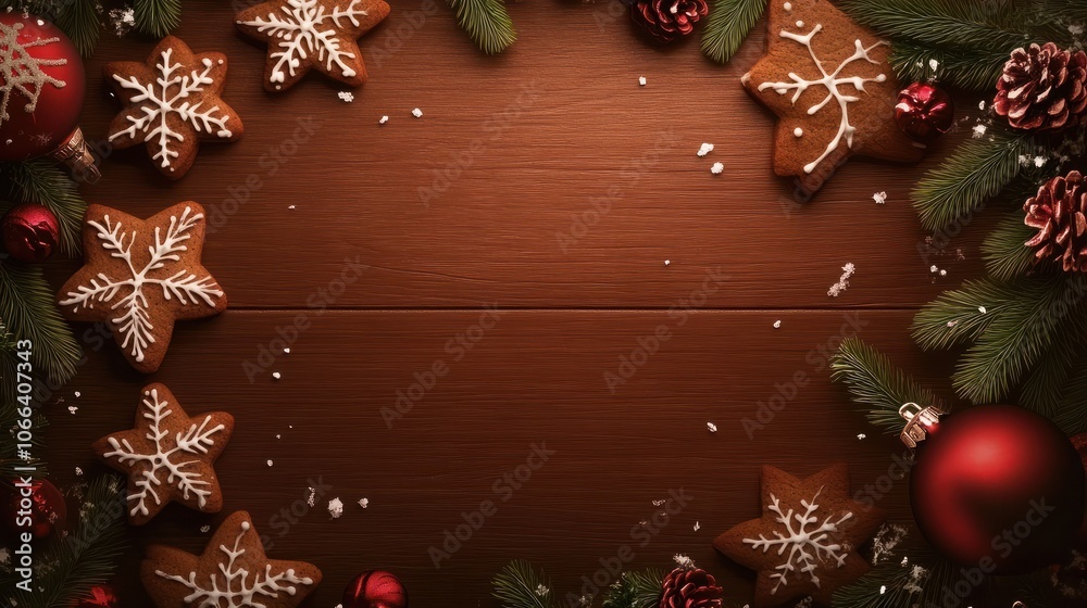 Festive christmas frame from homemade gingerbread cookies on wood background with copy space. Xmas, New Year celebration concept for greeting postcard, banner Festive christmas frame from homemade gingerbread cookies on wood background with copy space. Xmas, New Year celebration concept for greeting postcard, banner