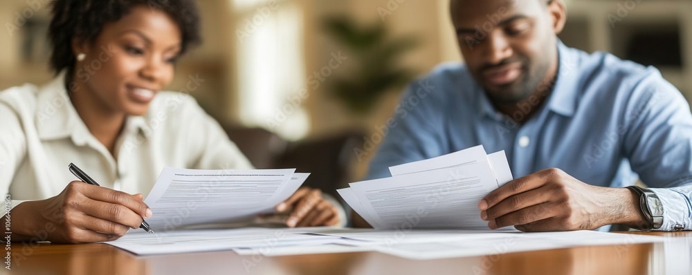 Couple meeting with mortgage advisor, reviewing paper documents for savings options, realistic lighting Couple meeting with mortgage advisor, reviewing paper documents for savings options, realistic lighting