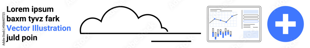 Cloud icon, bar and line charts, blue medical cross symbol. Ideal for data analysis, cloud computing, business intelligence, data storage, medical applications, and tech solutions. Landing page
