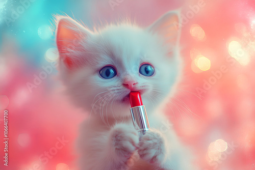 Adorable white kitten playfully holds lipstick capturing the hearts of cat lovers everywhere photo