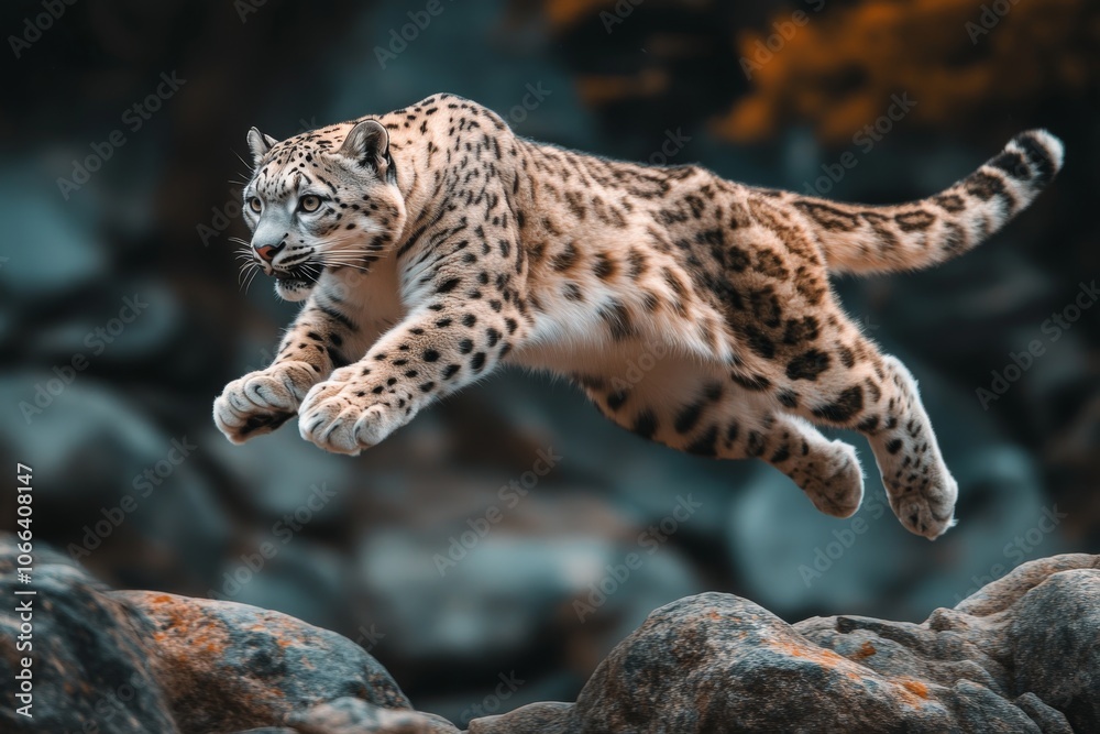 Snow Leopard Jumping Over Rocks in Nature Snow Leopard Jumping Over Rocks in Nature