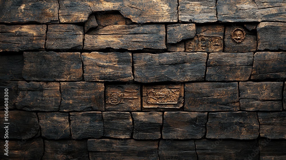 Cracked wooden wall, ancient artifacts inside fractures, 3D illustration