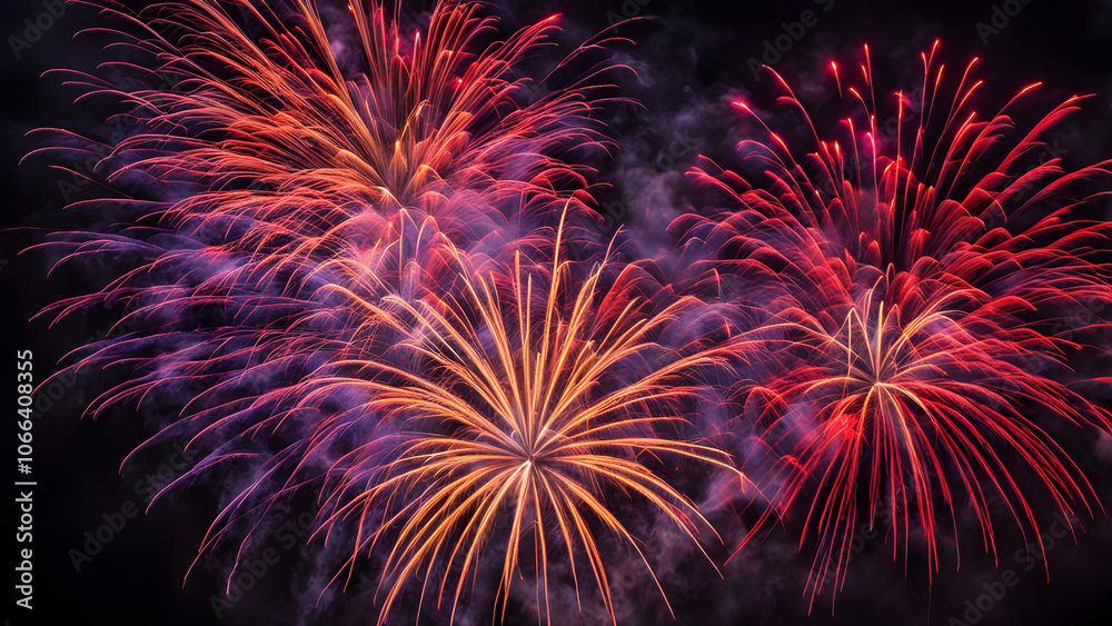 A swirling mix of red yellow and purple fireworks lighting up the dark night sky, Ai Generated A swirling mix of red yellow and purple fireworks lighting up the dark night sky, Ai Generated