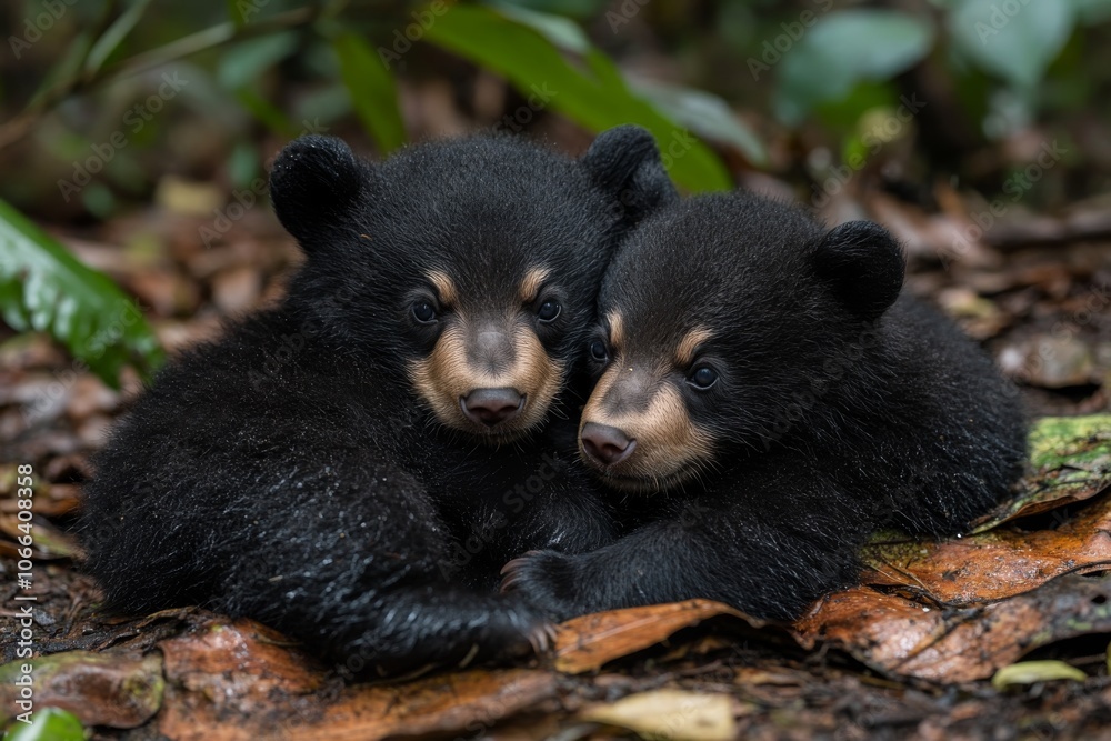 Obraz premium Two Adorable Black Bear Cubs Huddle Together in the Forest
