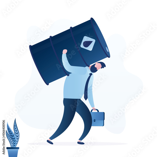 Investor loser carry heavy oil barrel. Oil price crisis, risk from energy or oil company stock or loss from commodity price volatility concept. Falling markets, drop bonds.