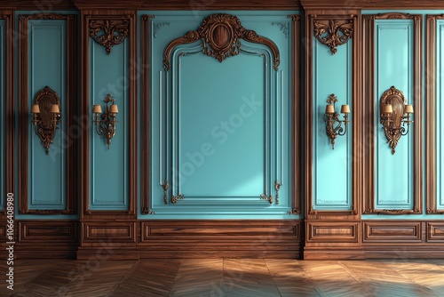 Ornate wooden panels and robin's egg blue walls in a classic 3D interior visualization.
