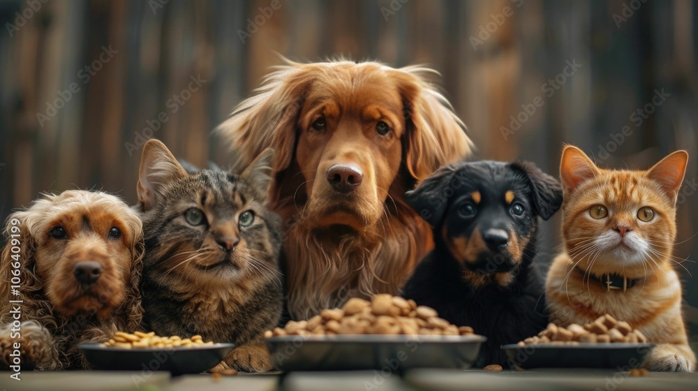Adorable dogs and cats sitting in a row, each with their own food bowl, enjoying a meal in a cozy outdoor setting. Perfect for pet lovers and animal nutrition themes. Adorable dogs and cats sitting in a row, each with their own food bowl, enjoying a meal in a cozy outdoor setting. Perfect for pet lovers and animal nutrition themes.