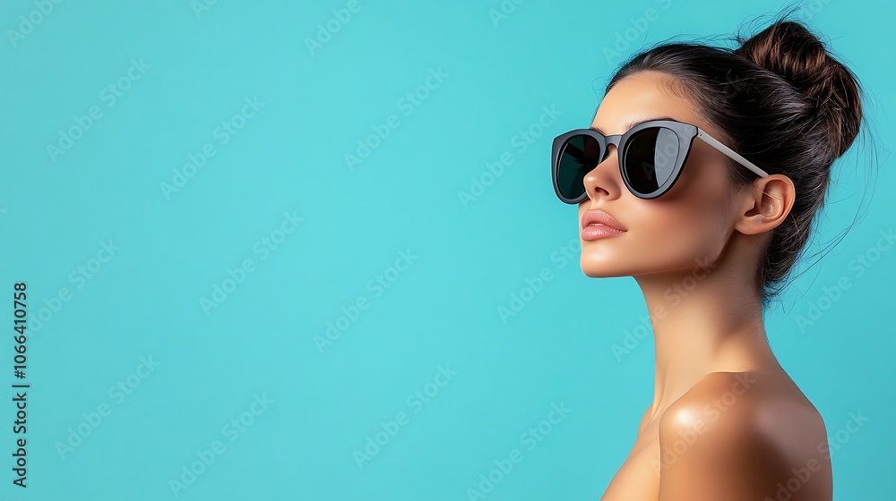 A Woman Wearing Sunglasses and a Bun Against a Blue Background A Woman Wearing Sunglasses and a Bun Against a Blue Background