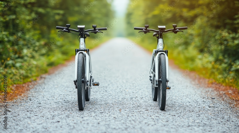 Electric Bicycles on Scenic Trail in Natural Environment Electric Bicycles on Scenic Trail in Natural Environment
