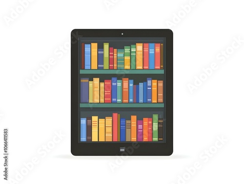 Flat Glossy E-Reader Device with Family Library Interface, High Resolution Image of a Glossy E-Reader on Plain Background, Concept of Shared Learning and Bonding through Technology in Simple Vector Il