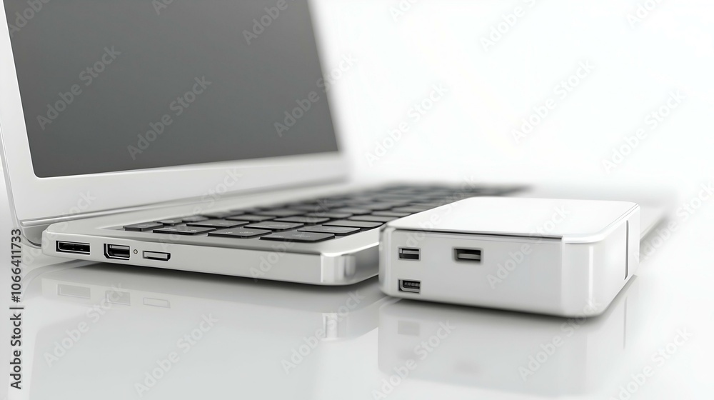 3D Glossy External Hard Drive Connected to Laptop on Plain Desk, Ample Copy Space, Data Management, Security, Comfortable Remote Working Setup, Stationary Camera Focus 3D Glossy External Hard Drive Connected to Laptop on Plain Desk, Ample Copy Space, Data Management, Security, Comfortable Remote Working Setup, Stationary Camera Focus