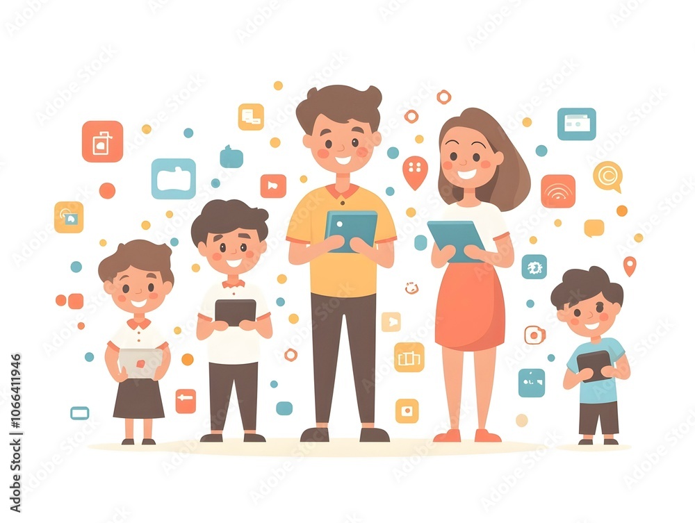 Flat Vector Illustration Children Teaching Parents Gadgets Role Reversal Family Bonding Technology Interaction Soft Abstract Background Creative Design Flat Vector Illustration Children Teaching Parents Gadgets Role Reversal Family Bonding Technology Interaction Soft Abstract Background Creative Design