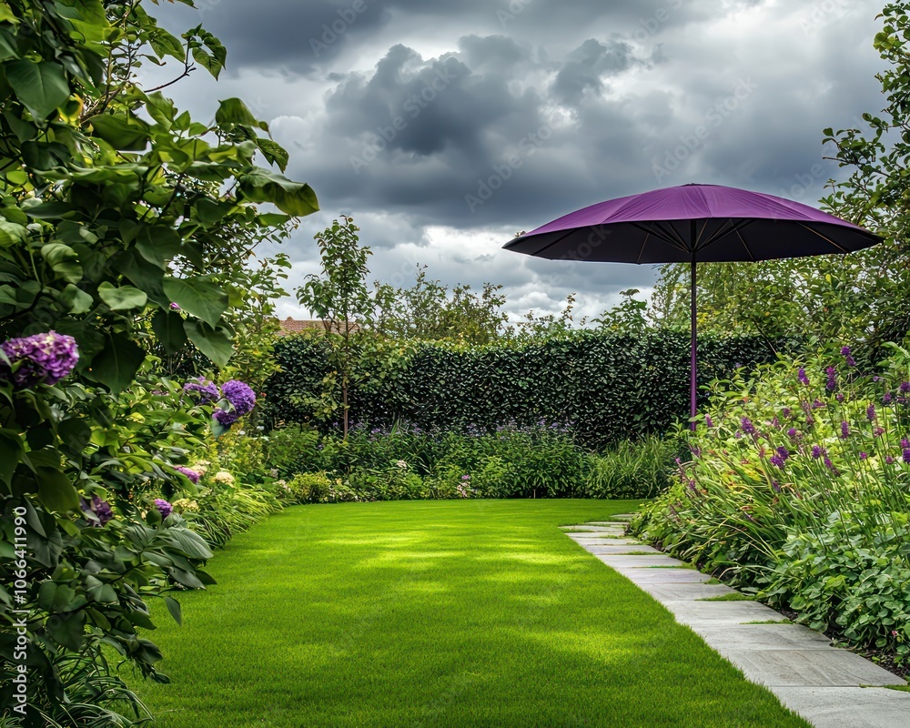 Green lawn and purple parasol in a contemporary garden, cloudy sky, award-winning. Green lawn and purple parasol in a contemporary garden, cloudy sky, award-winning.