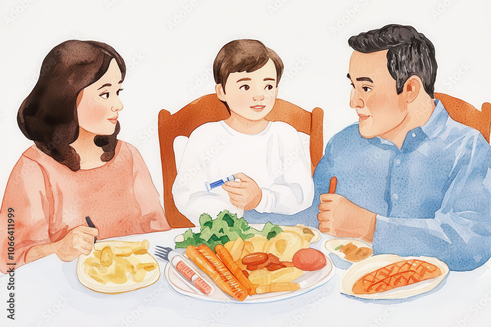 Family discussing diabetes care at dinner, loving conversation, Watercolor style Family discussing diabetes care at dinner, loving conversation, Watercolor style