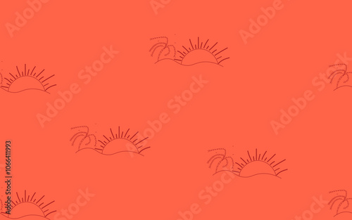 Minimalist Hand-Drawn Seamless Sunset Pattern with Palm Trees on Coral Background for Print Design