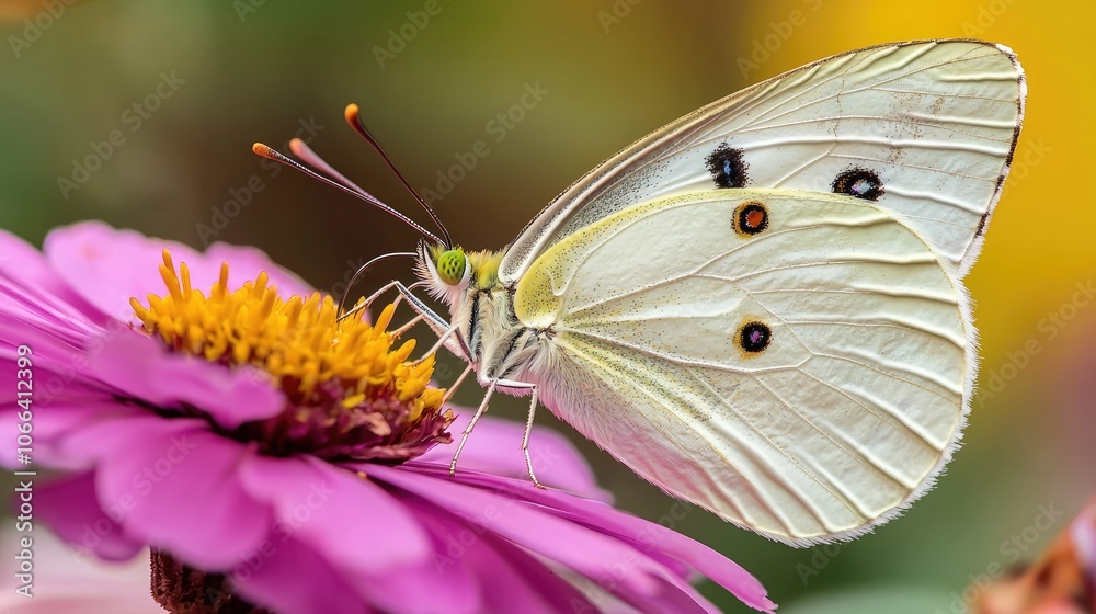 A white butterfly delicately sips nectar from a vibrant pink zinnia flower in nature's beauty A white butterfly delicately sips nectar from a vibrant pink zinnia flower in nature's beauty