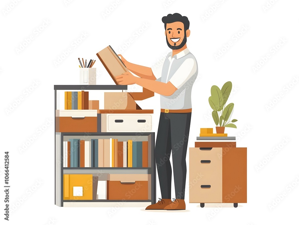 Flat vector illustration of man cheerfully assembling home office furniture, organizing workspace with enthusiasm, showcasing excitement of working from home, smart business tone, candid photo concept Flat vector illustration of man cheerfully assembling home office furniture, organizing workspace with enthusiasm, showcasing excitement of working from home, smart business tone, candid photo concept
