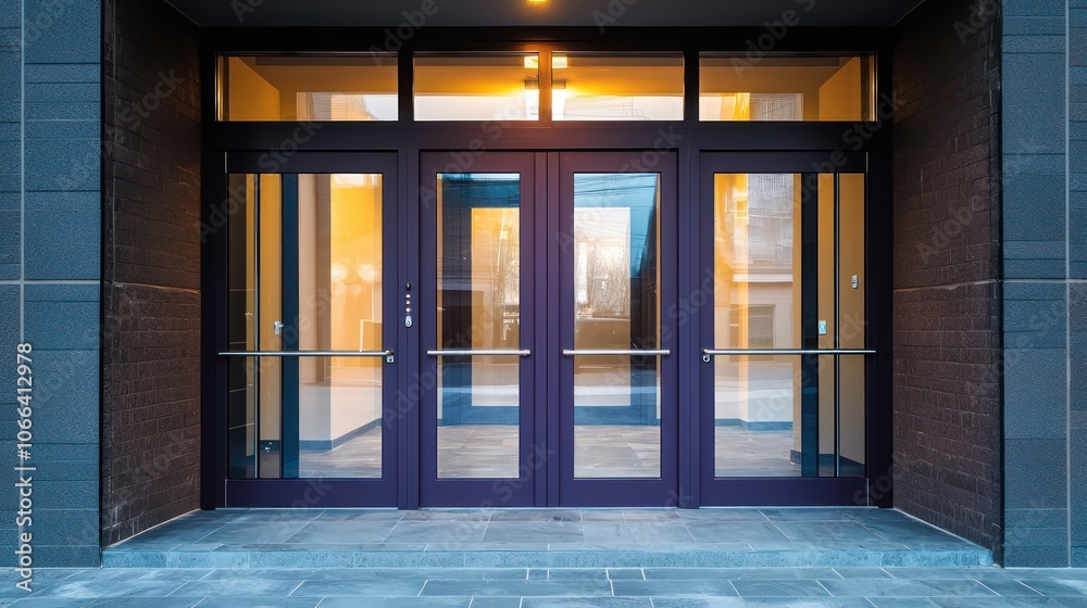 Obraz premium Contemporary entrance featuring dark purple doors with glass insets.