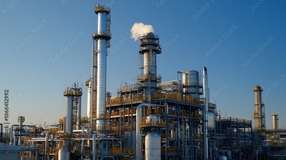Industrial facility with smokestacks and processing units against a clear blue sky. Industrial facility with smokestacks and processing units against a clear blue sky.