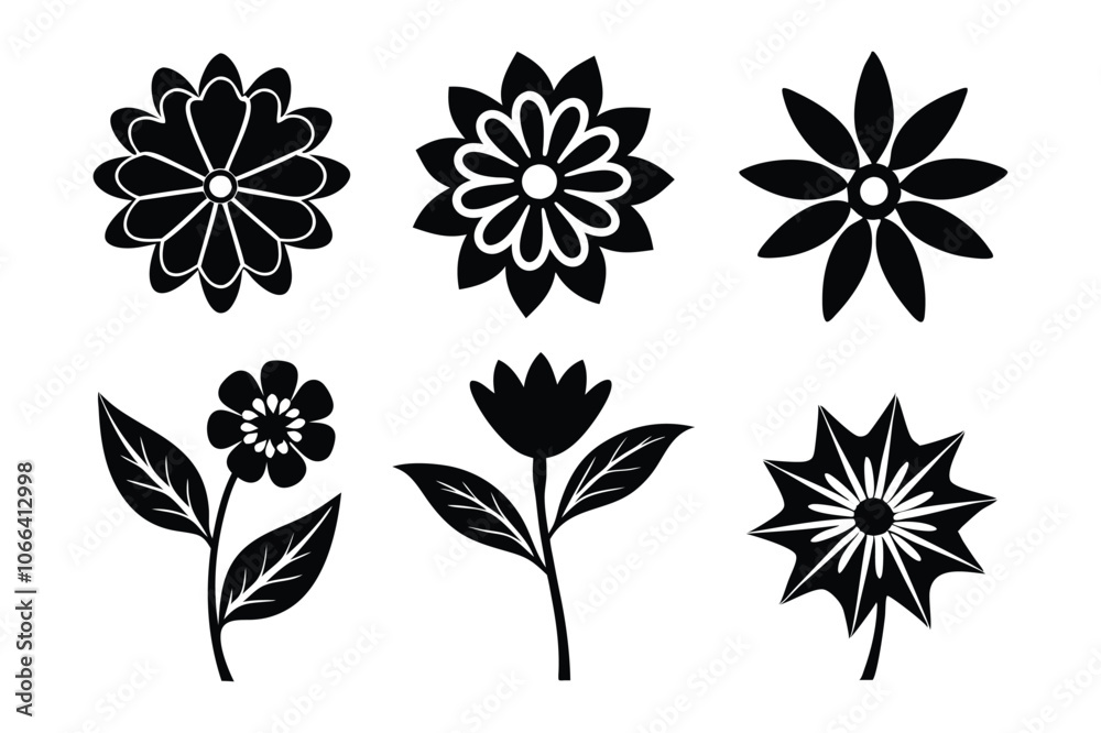 set of 6 pcs flower icon silhouette design with white background set of 6 pcs flower icon silhouette design with white background