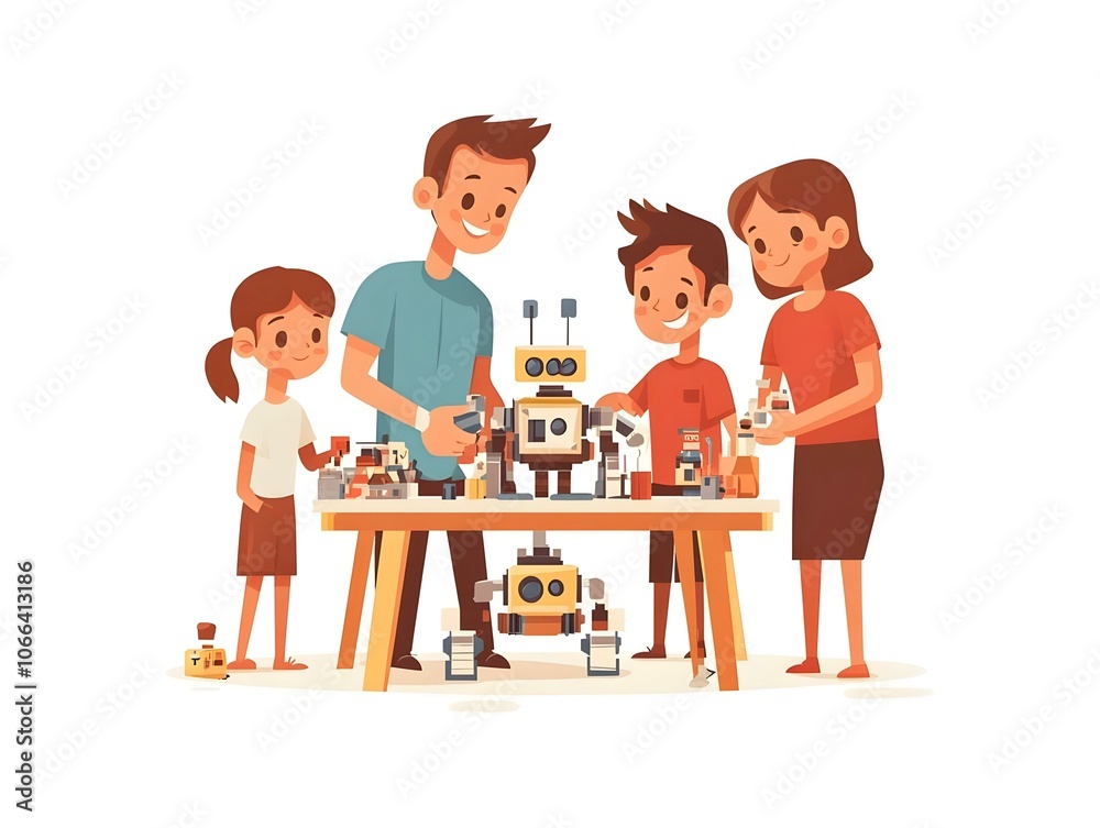 Family Assembling Robot Kit Together Candid Image of Family Collaborating Focused Expressions Teamwork Excitement Bonding Through Technology Learning Simple Flat Vector Illustration Business Tone Family Assembling Robot Kit Together Candid Image of Family Collaborating Focused Expressions Teamwork Excitement Bonding Through Technology Learning Simple Flat Vector Illustration Business Tone