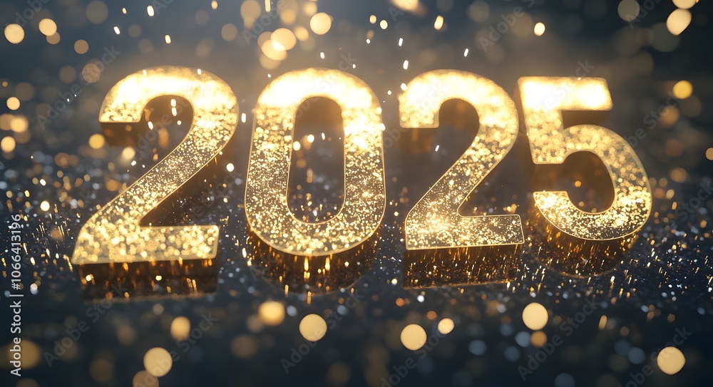 2025 is written in front of fireworks, with glittering background 2025 is written in front of fireworks, with glittering background