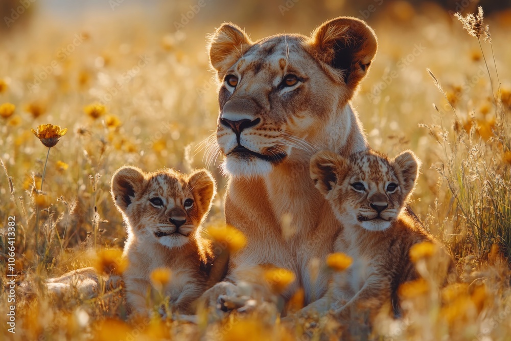 Fototapeta premium Lioness and Cubs in Golden Grassland