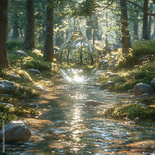 A single, clear raindrop suspended mid-air, with miniature reflections of a forest inside, creating a natural, whimsical effect photo