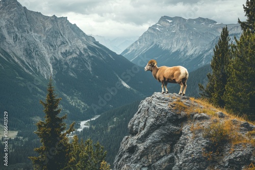 Bighorn Sheep on Mountain Peak with Valley View