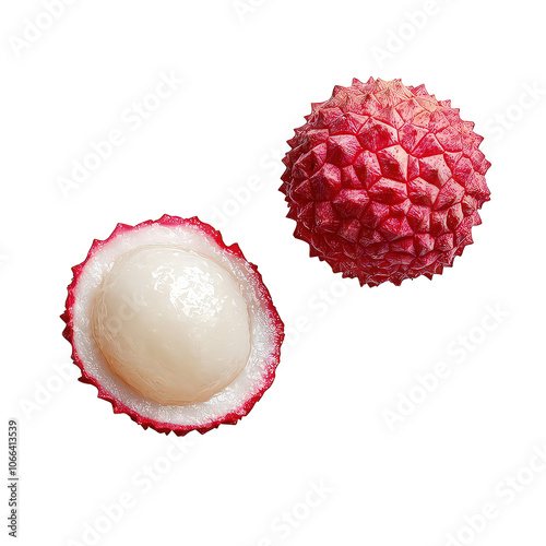 Falling Fresh lychee slice fruit with its rough red skin isolated on transparent background
