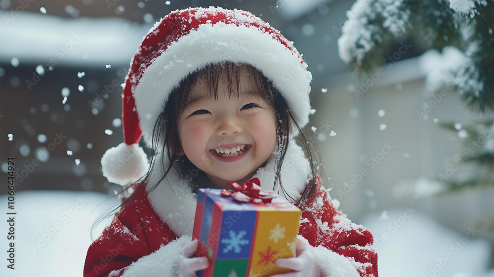 雪の庭でプレゼントを抱えたサンタの女の子 雪の庭でプレゼントを抱えたサンタの女の子
