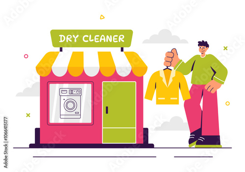 Dry Cleaning Store Service Vector Illustration featuring Washing Machines, Dryers, and Laundry Services for Clean and Fresh Clothing in a Background