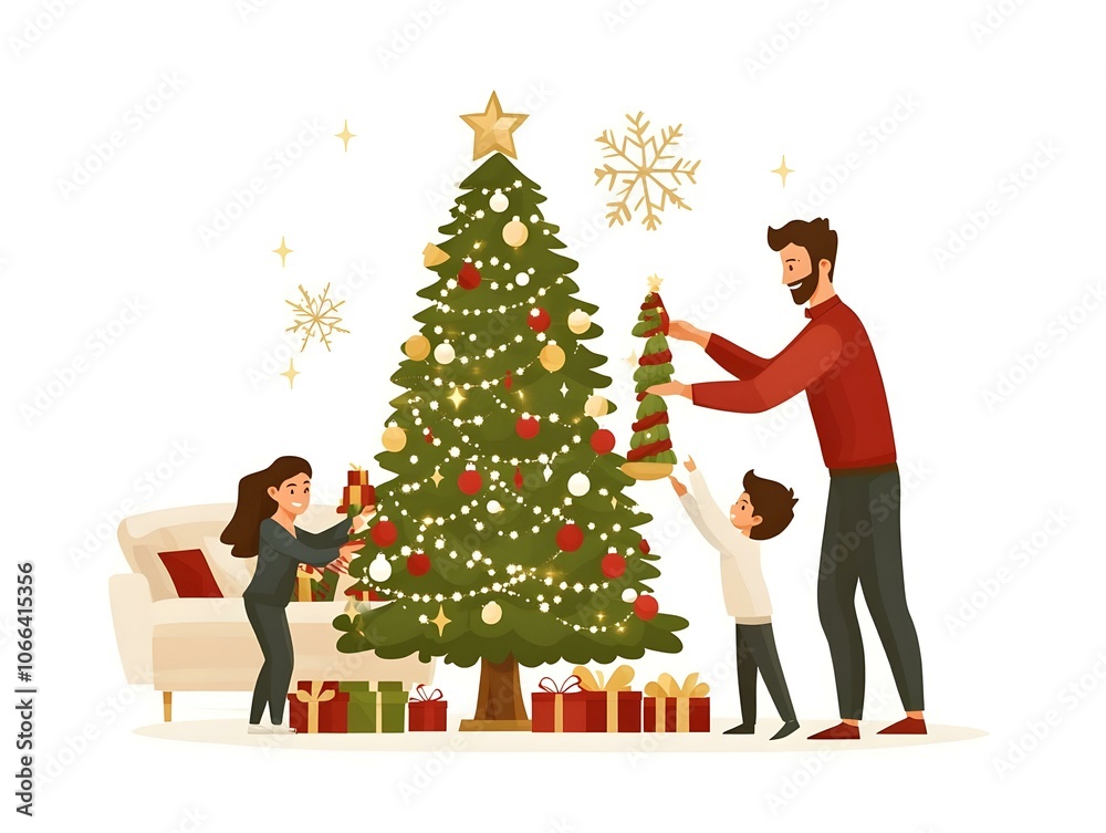 Flat Family Christmas Tree Decoration Living Room Illustration | Candid Family Joy in Cozy Setting | Festive Traditions and Togetherness | Warm Lighting Highlights Holiday Spirit | Simple Vector Image Flat Family Christmas Tree Decoration Living Room Illustration | Candid Family Joy in Cozy Setting | Festive Traditions and Togetherness | Warm Lighting Highlights Holiday Spirit | Simple Vector Image