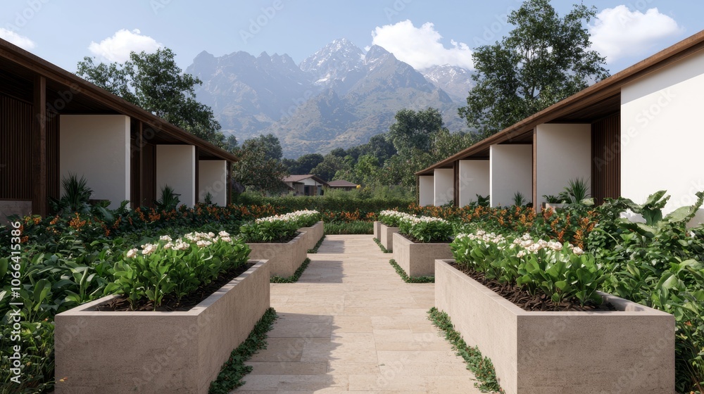 Serene Landscape with Modern Architecture and Gardens Serene Landscape with Modern Architecture and Gardens