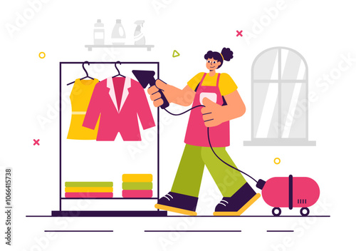 Dry Cleaning Store Service Vector Illustration featuring Washing Machines, Dryers, and Laundry Services for Clean and Fresh Clothing in a Background