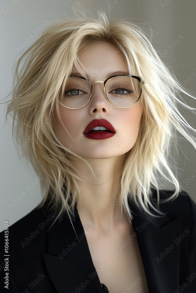 Fototapeta Stylish woman with blonde hair and glasses poses confidently in an elegant black outfit